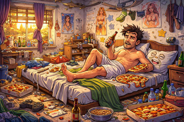Messy bachelor’s retreat with pizza and chaos