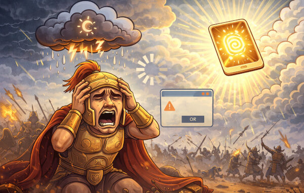 Warrior in anguish under stormy skies