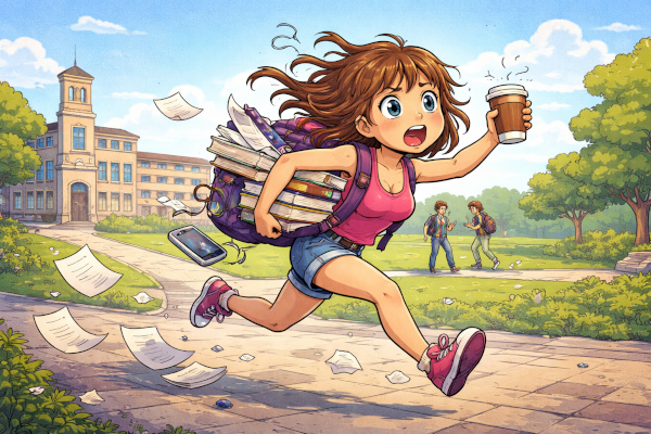 Frantic student racing across campus